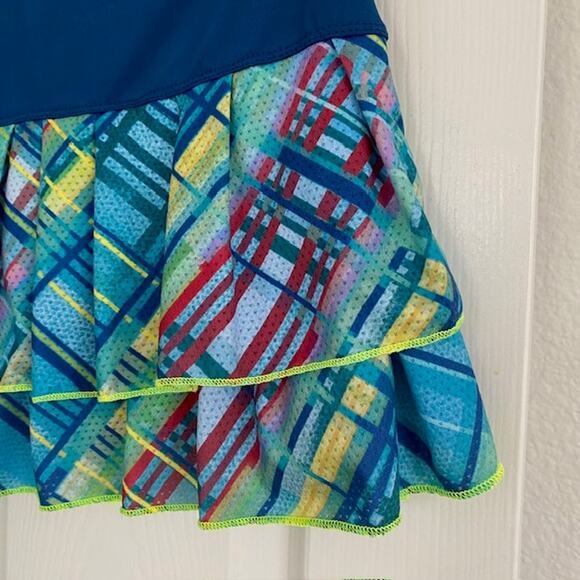 Lucky in Love Skort Blue Green Plaid Pleated Tiered Yellow Trim13 " Women Medium - Picture 3 of 8